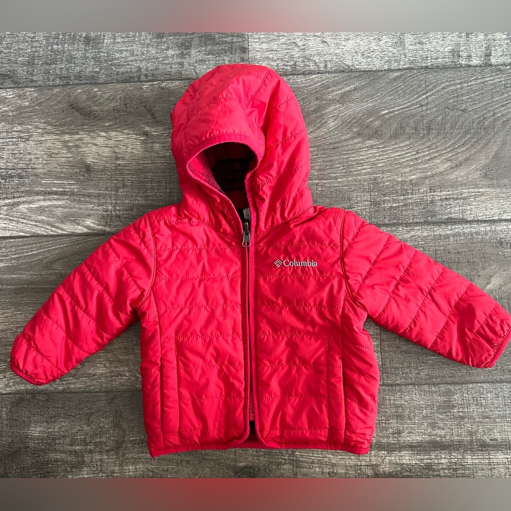 Columbia Double Trouble Red/plaid reversible puffer jacket. Size 6-12 month.
